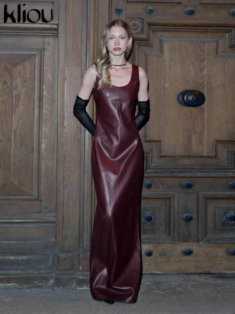 kliou Leather Women's Maxi Dresses Classic High Street Solid Sleeveless Straight Bodycon Female Concise Elegant Party Vestidos