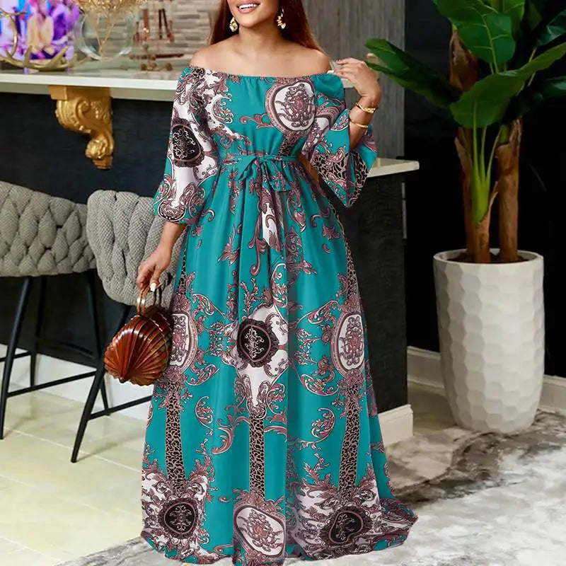 VONDA Women Printed Party Dress 2024 Sexy Off Shoulder Long Lantern Sleeve Bohemian Sundress Belted Vintage Maxi Robe Oversized