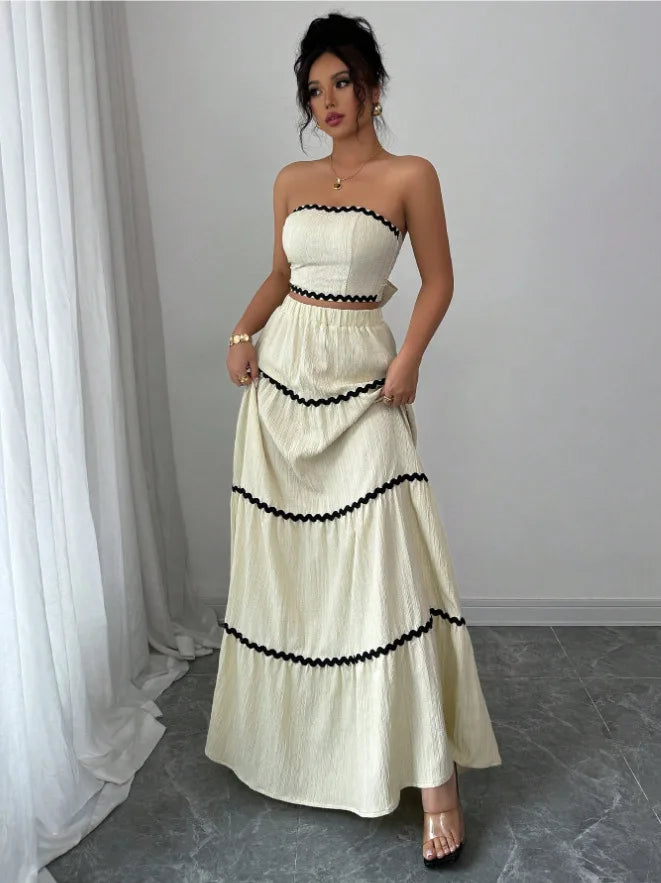 Fashion Temperament Women 2 Piece Outfits Contrast Color Loose Sleeveless Tops and Elastic Long Skirt Set for Party Streetwear