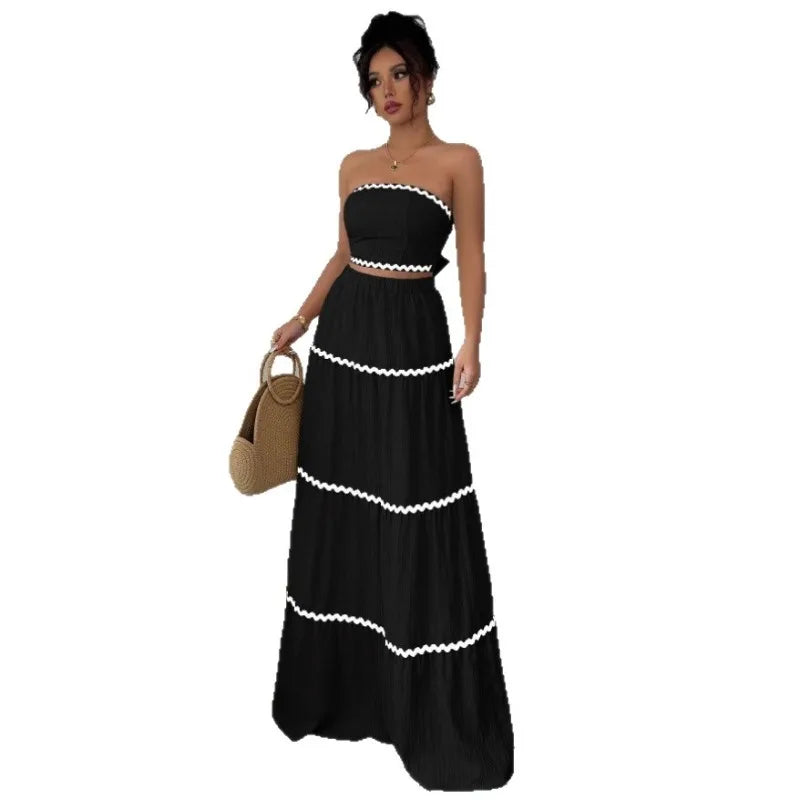 Fashion Temperament Women 2 Piece Outfits Contrast Color Loose Sleeveless Tops and Elastic Long Skirt Set for Party Streetwear