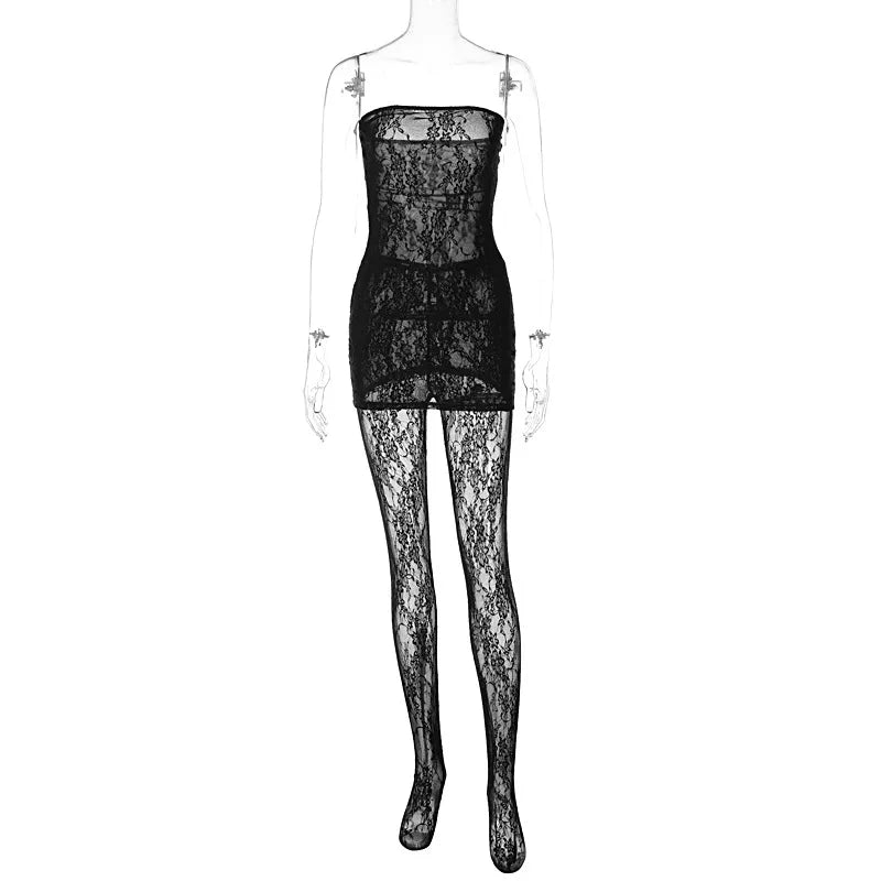 Hugcitar Mesh Strapless Flower Print Sexy Bodycon Mini Dress Foot Leggings 2 Piece Sets 2024 Fall Beach Vacation Y2K Clothes
