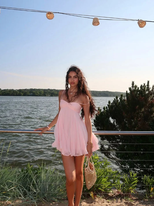 Women Pink Chiffon Ruffles Sling Dress Casual Sleeveless Backless U Neck Loose Mini Dresses Summer New Lady Holiday Short Robes