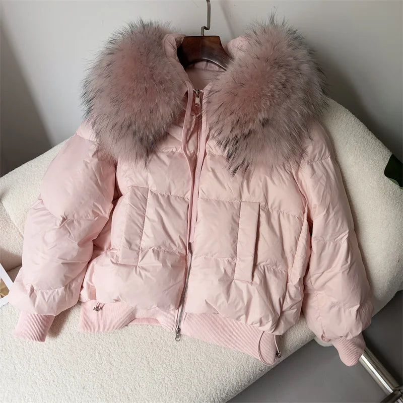 2023 Winter Puffer Jacket Women Large Real Raccoon Fur Collar Short Female Parkas Thick Warm 90% Goose Down Coat Loose