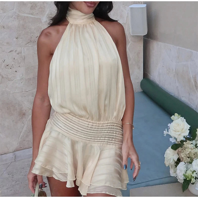 Elegant Woman's Chiffon Halter Mini Dresses 2025 Spring Summer Sexy Backless Wrapped Waist Lace Up Dress New Lady Party Vestidos