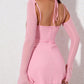 NewAsia Halter Flounce Sleeves Mesh Pink Dress Women Sexy Solid Backless Bandage Mini Vestido Summer Vacation Party Club