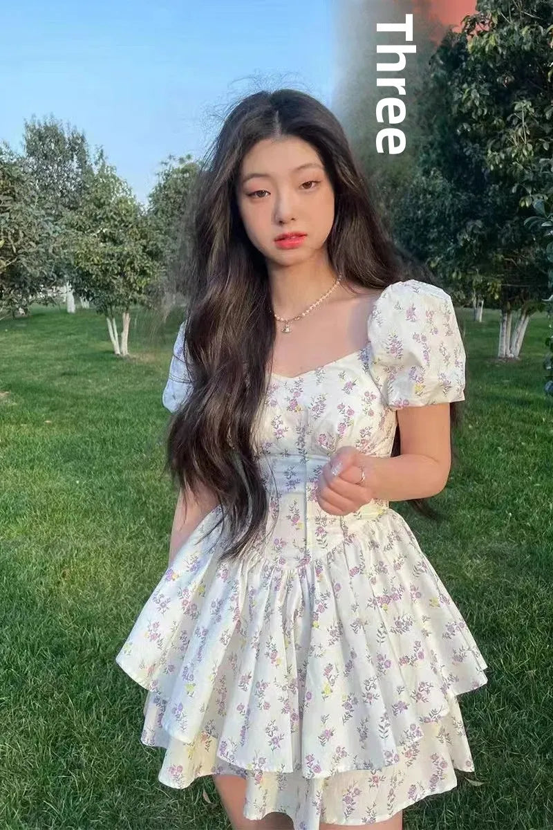 Princess Style Gathered Waist Bubble Sleeve One Shoulder Puffy Dress Floral Print Gentle Girl Summer New Arrival Dress