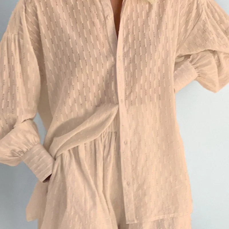 Women's Two Piece Set Outfits Summer Fashion Loose Shorts Long Sleeved Elegant Shirt 2 Piece Sets Suit For Women Streetwear 2025