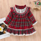1 to 7 Years Christmas Girls Casual Dress Plaid Lace Patchwork Stand-Up Collar Flounce Long Sleeve Dress with Ruffle Hem