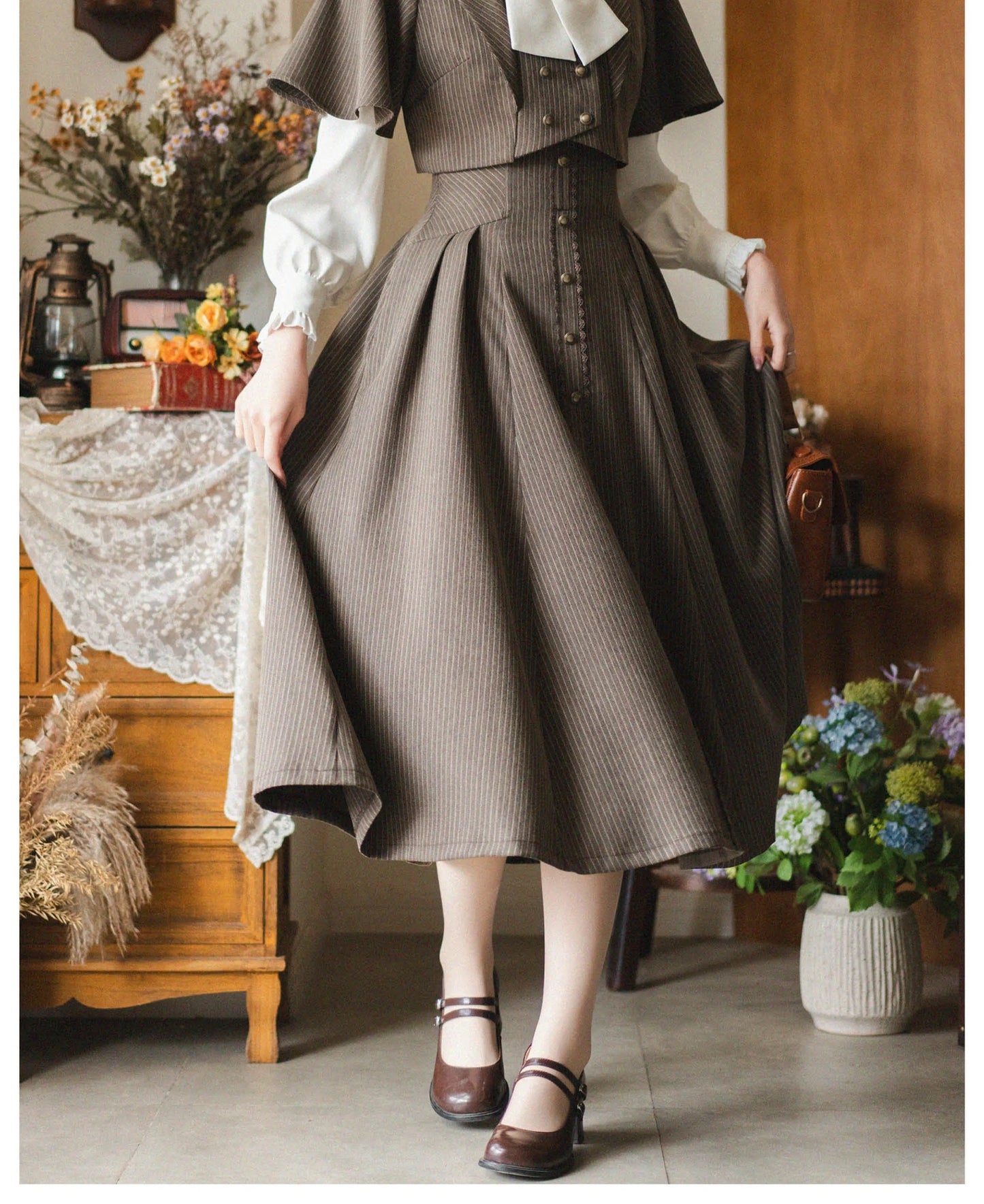 Original Retro Skirt Set Outfits New Spring Women's Stand Collar Long Sleeve Shirt Small Cape Coat Elegant Classical Long Skirt