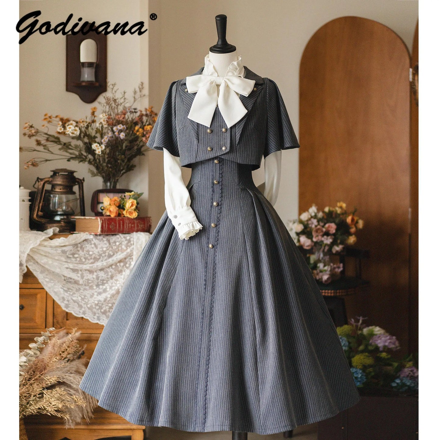 Original Retro Skirt Set Outfits New Spring Women's Stand Collar Long Sleeve Shirt Small Cape Coat Elegant Classical Long Skirt