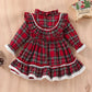 1 to 7 Years Christmas Girls Casual Dress Plaid Lace Patchwork Stand-Up Collar Flounce Long Sleeve Dress with Ruffle Hem