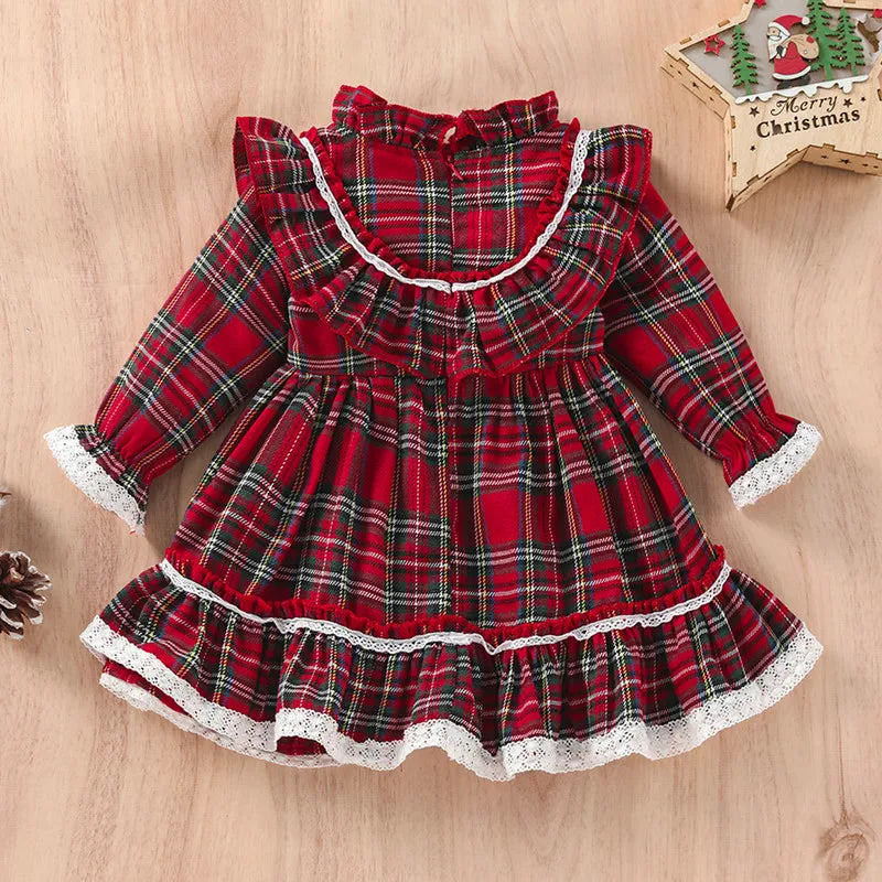 1 to 7 Years Christmas Girls Casual Dress Plaid Lace Patchwork Stand-Up Collar Flounce Long Sleeve Dress with Ruffle Hem