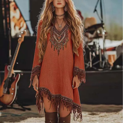 New Ethnic Sexy Deep V Music Festival Rock Party Dresses Women Vintage Wasteland Irregular Long Sleeve Lace Tassel Floral Dress