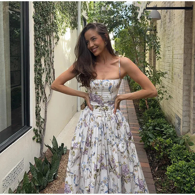 Summer Floral Print Spaghetti Strap Dress Women's Elegant Backless Pleated A-line Gowns New Chic Lady Street Party Vestidos 2025