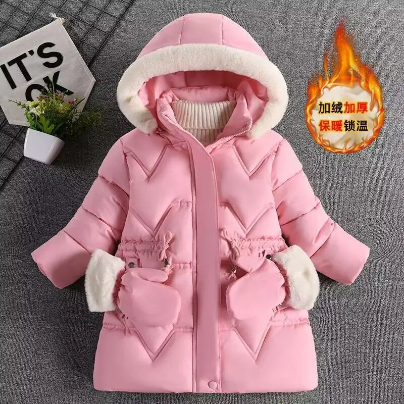 2-8 Years Warm Winter Girls Jacket Fur Collar Removable Hat Plush Lining Heavy Hooded Kids Coat Children Outerwear Send Gloves