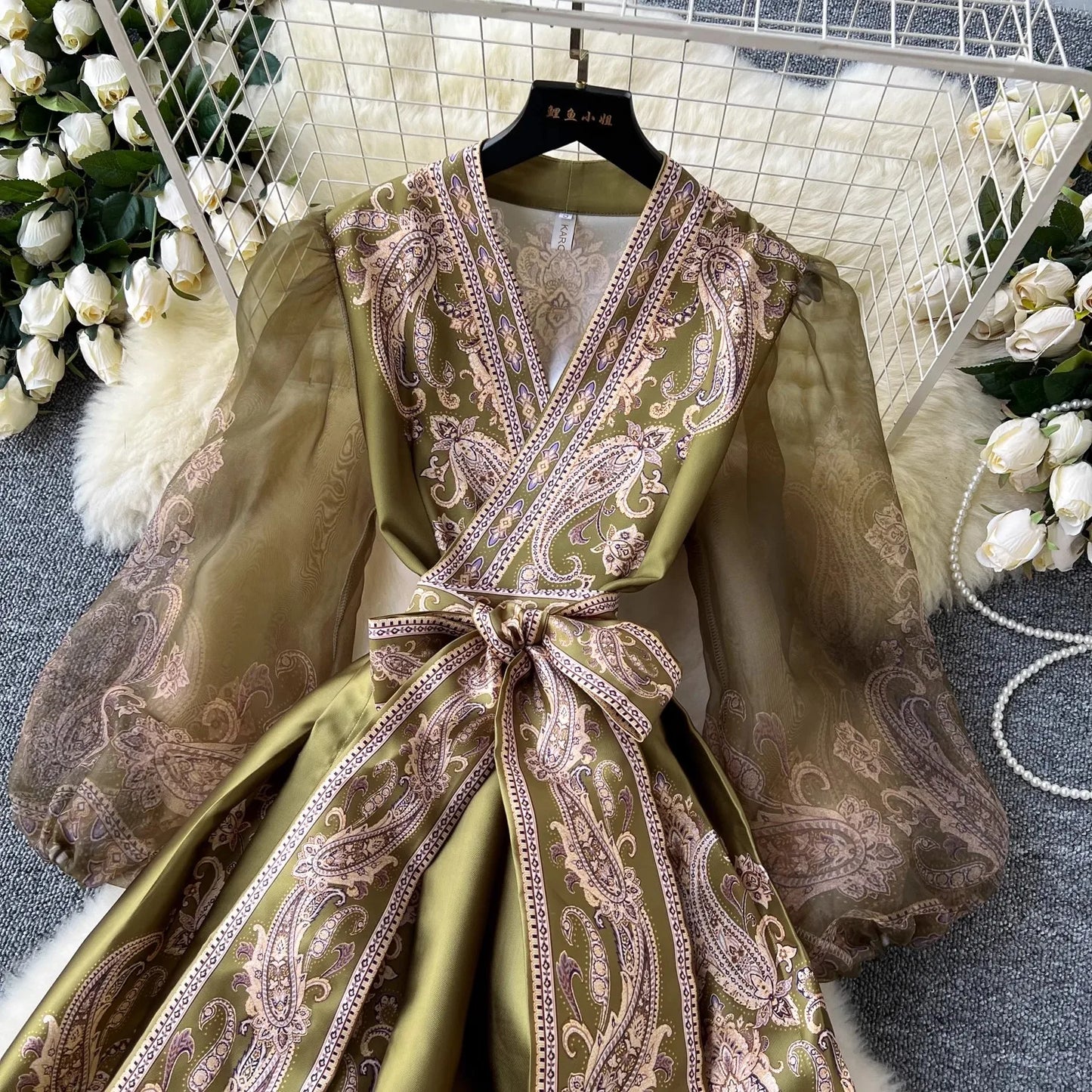 Paisley Print Bandage Lace Up Wrap Dress Women Cross V Neck Lantern Sleeve Chiffon Patchwork Thick Satin Long Party Vestidos