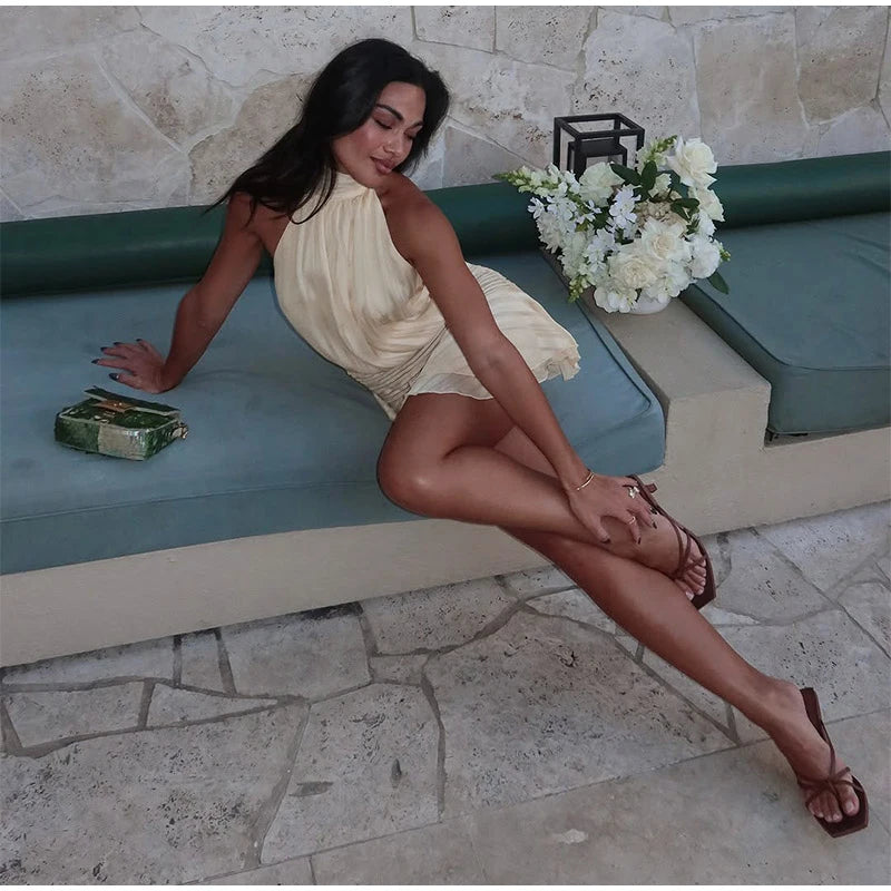 Elegant Woman's Chiffon Halter Mini Dresses 2025 Spring Summer Sexy Backless Wrapped Waist Lace Up Dress New Lady Party Vestidos