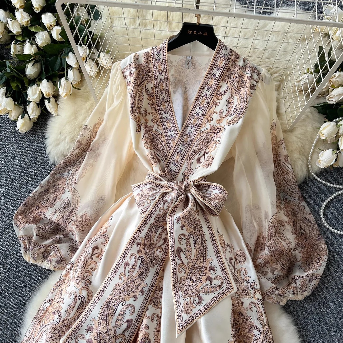 Paisley Print Bandage Lace Up Wrap Dress Women Cross V Neck Lantern Sleeve Chiffon Patchwork Thick Satin Long Party Vestidos