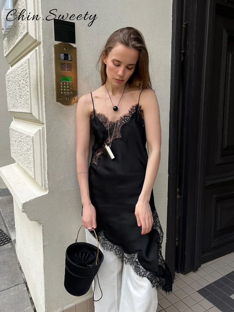 Elegant Satin Asymmetric Lace Patchwork Mini Dress Women Solid V-neck Sleeveless Sling Dresses 2025 Summer Lady Chic  Streetwear