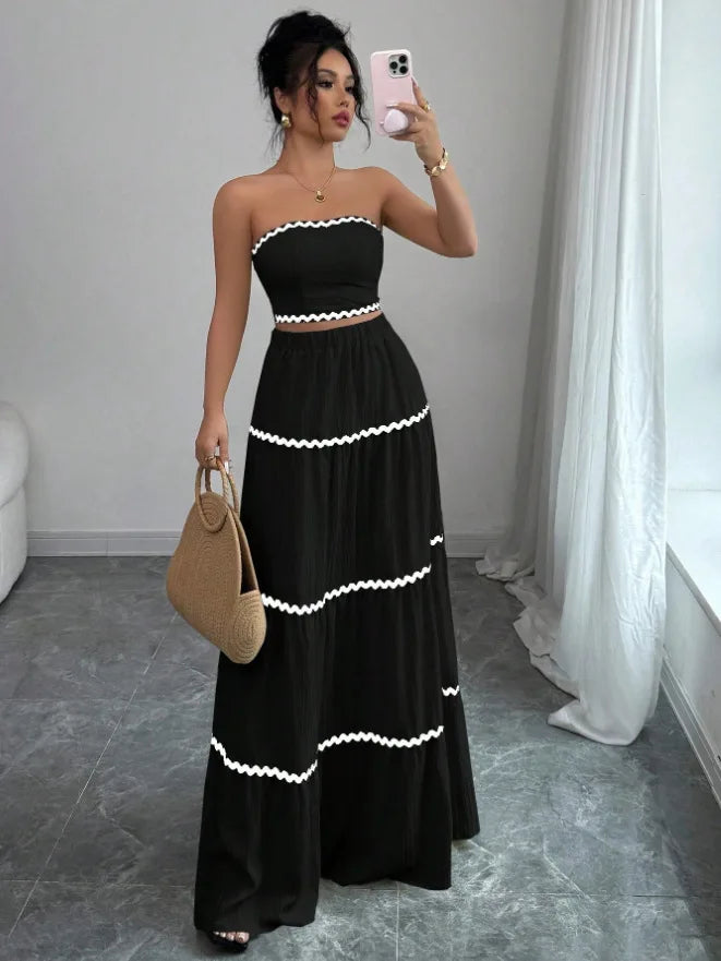 Fashion Temperament Women 2 Piece Outfits Contrast Color Loose Sleeveless Tops and Elastic Long Skirt Set for Party Streetwear