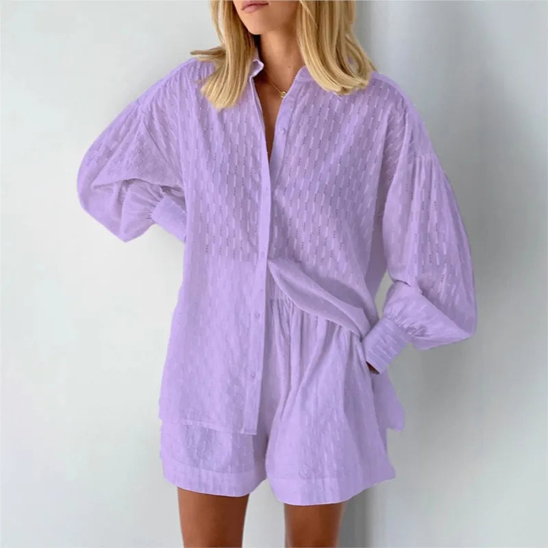 Women's Two Piece Set Outfits Summer Fashion Loose Shorts Long Sleeved Elegant Shirt 2 Piece Sets Suit For Women Streetwear 2025