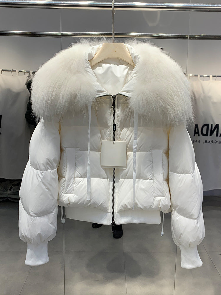 2023 Winter Puffer Jacket Women Large Real Raccoon Fur Collar Short Female Parkas Thick Warm 90% Goose Down Coat Loose