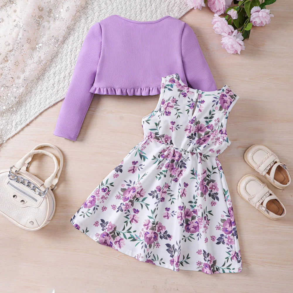 2 Pcs Kids Casual Dress Sets For Girls Clothes Autumn Winter 2024 New Child Long Sleeve Cardigan Coat Tops Print Tank Dress