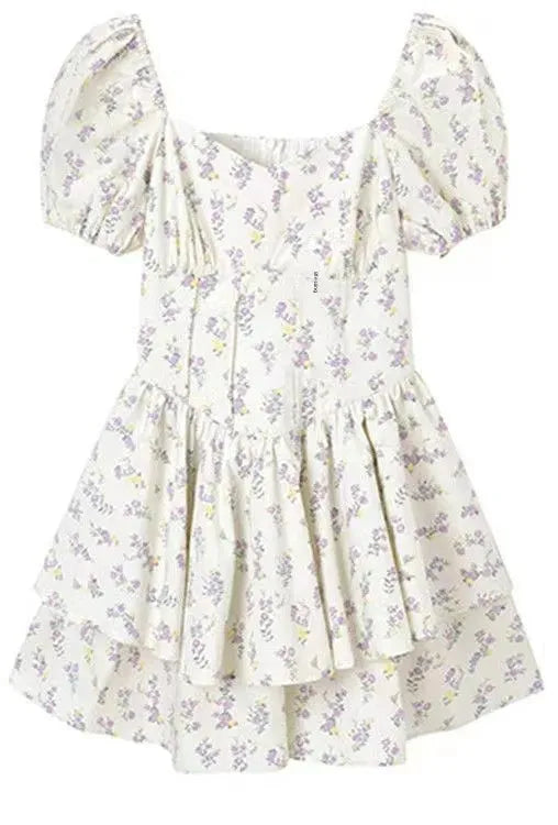 Princess Style Gathered Waist Bubble Sleeve One Shoulder Puffy Dress Floral Print Gentle Girl Summer New Arrival Dress