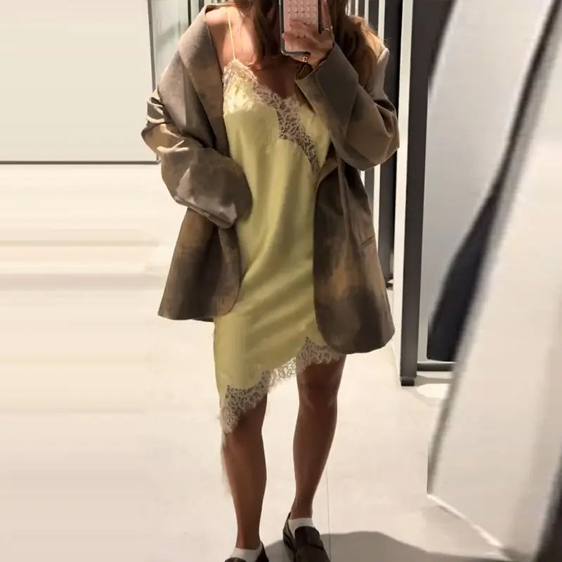 Elegant Satin Asymmetric Lace Patchwork Mini Dress Women Solid V-neck Sleeveless Sling Dresses 2025 Summer Lady Chic  Streetwear