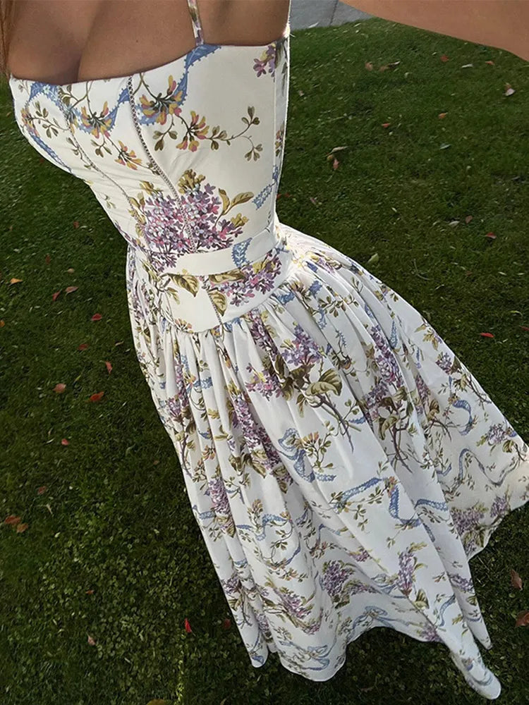 Summer Floral Print Spaghetti Strap Dress Women's Elegant Backless Pleated A-line Gowns New Chic Lady Street Party Vestidos 2025