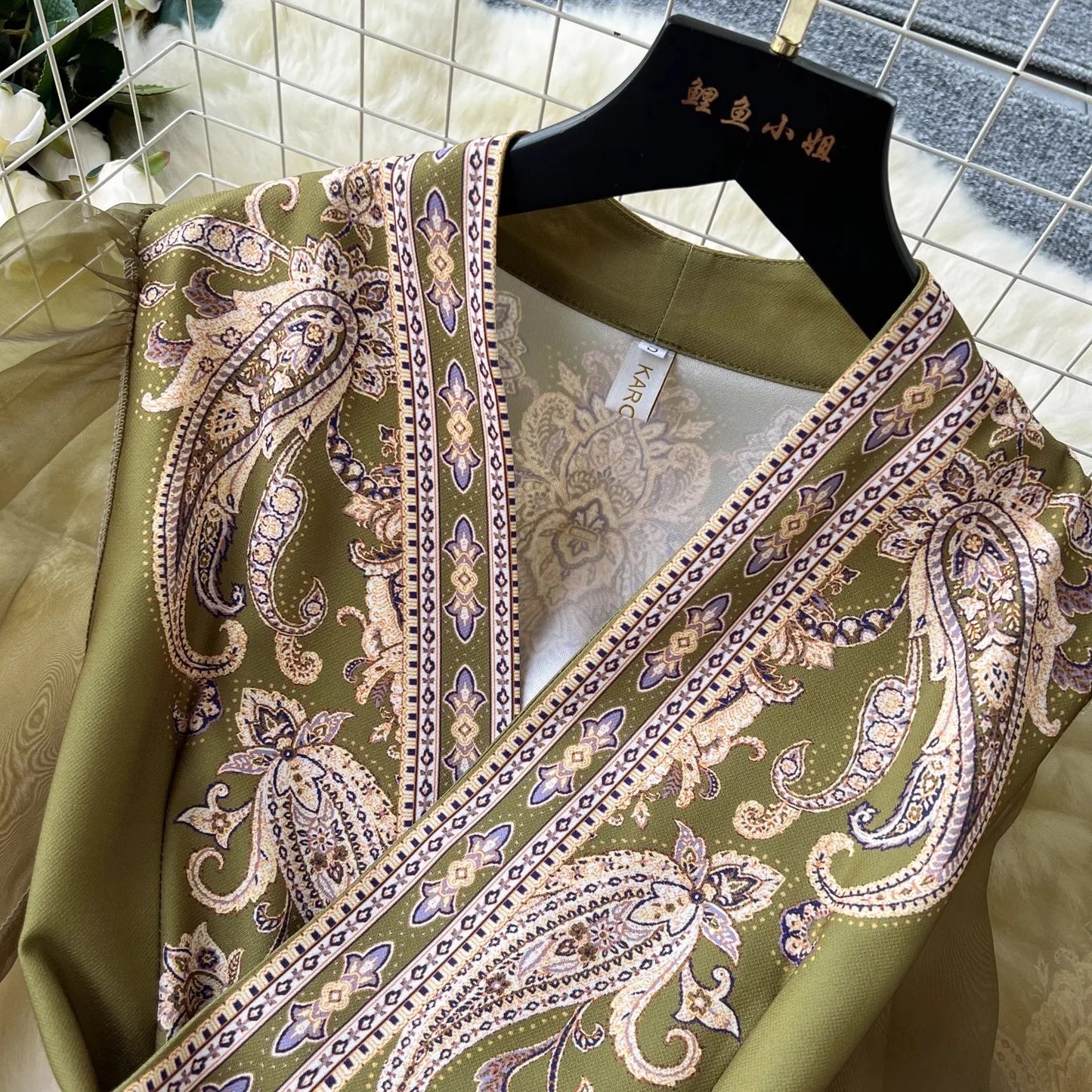 Paisley Print Bandage Lace Up Wrap Dress Women Cross V Neck Lantern Sleeve Chiffon Patchwork Thick Satin Long Party Vestidos