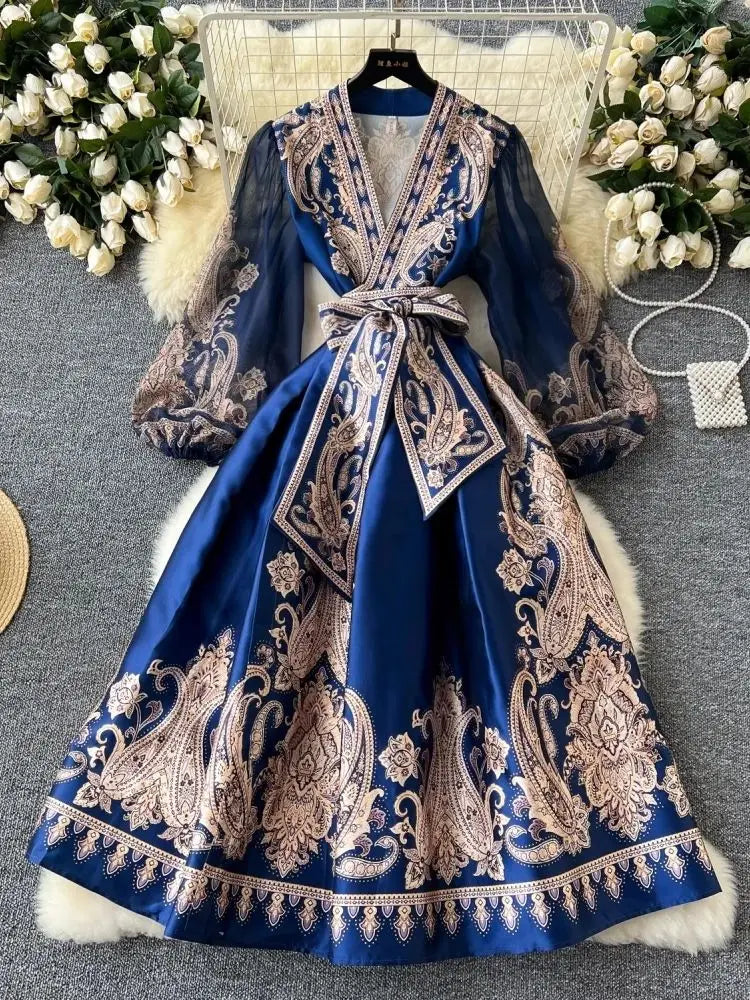 Paisley Print Bandage Lace Up Wrap Dress Women Cross V Neck Lantern Sleeve Chiffon Patchwork Thick Satin Long Party Vestidos