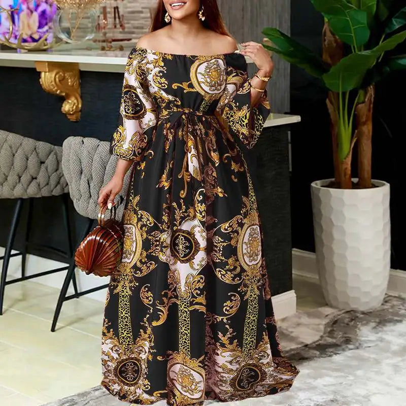 VONDA Women Printed Party Dress 2024 Sexy Off Shoulder Long Lantern Sleeve Bohemian Sundress Belted Vintage Maxi Robe Oversized