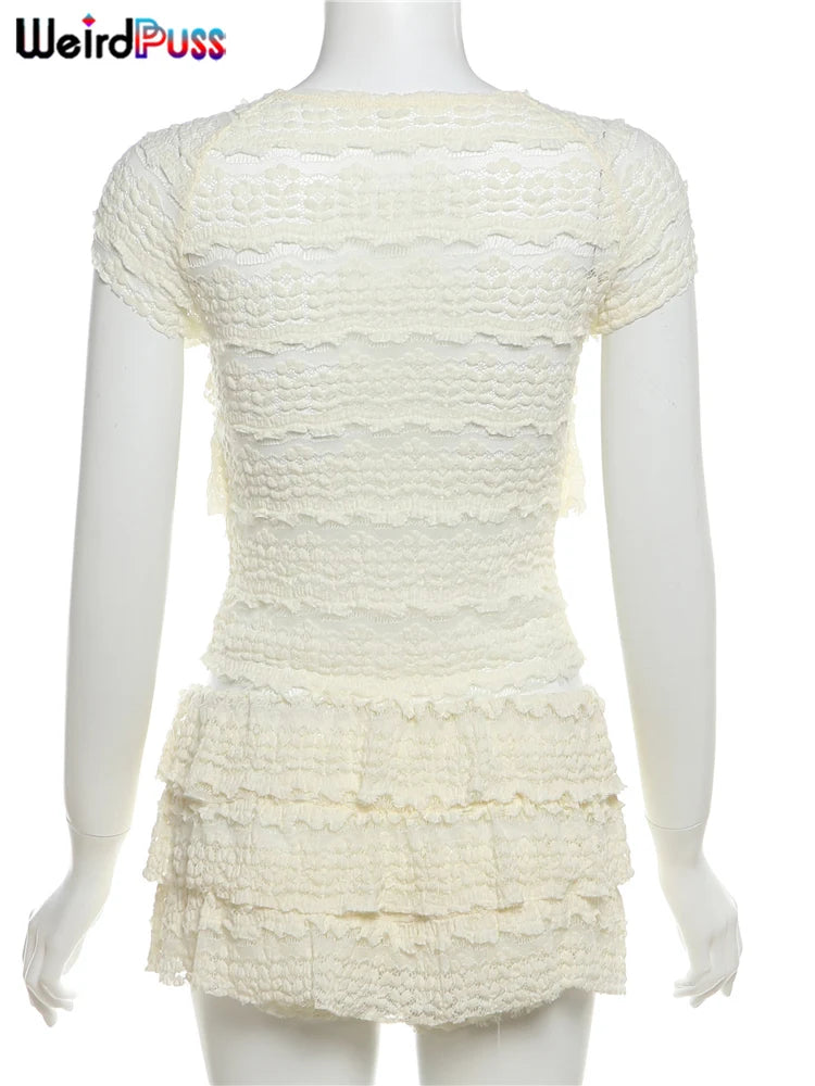 Weird Puss Sexy Tierred Women 2Piece Set Summer Elegant Thin Ruffles Tnak Top+Shorts Skirts Midnight Concert Party Matching Suit