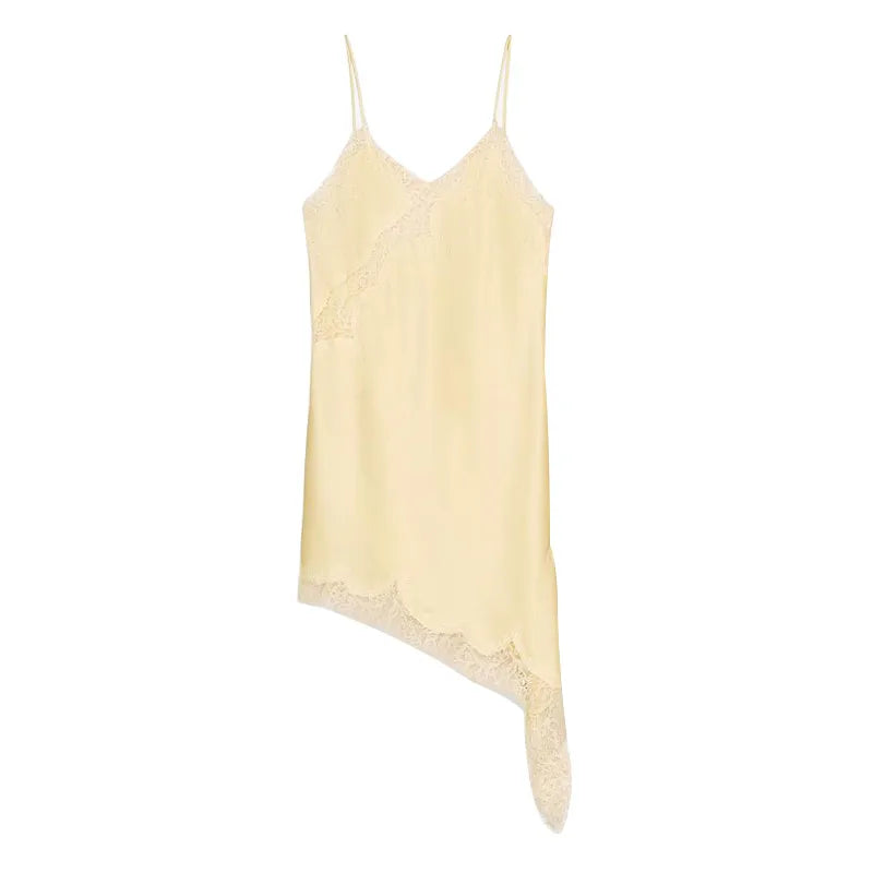 Elegant Satin Asymmetric Lace Patchwork Mini Dress Women Solid V-neck Sleeveless Sling Dresses 2025 Summer Lady Chic  Streetwear