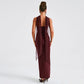 French Style Pure Color Sling Backless Fashion Sexy Slimming Dress Sash Draped Neckline Sleeveless Empire Waist Gown