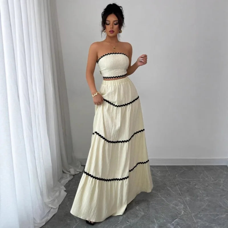 Fashion Temperament Women 2 Piece Outfits Contrast Color Loose Sleeveless Tops and Elastic Long Skirt Set for Party Streetwear