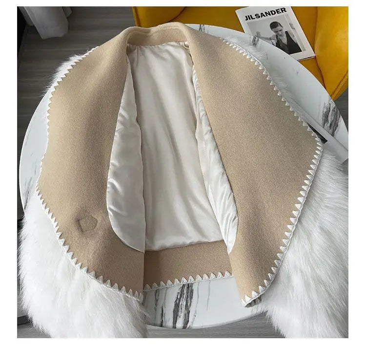 Faux Fur and Wool Reversible Coat with Fox Fur Collar Autumn Winter Fashionable Jacket Women Chic Flocking Plush Aesthetic