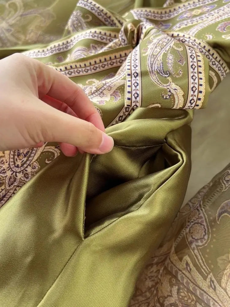 Paisley Print Bandage Lace Up Wrap Dress Women Cross V Neck Lantern Sleeve Chiffon Patchwork Thick Satin Long Party Vestidos