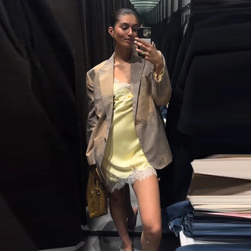 Elegant Satin Asymmetric Lace Patchwork Mini Dress Women Solid V-neck Sleeveless Sling Dresses 2025 Summer Lady Chic  Streetwear