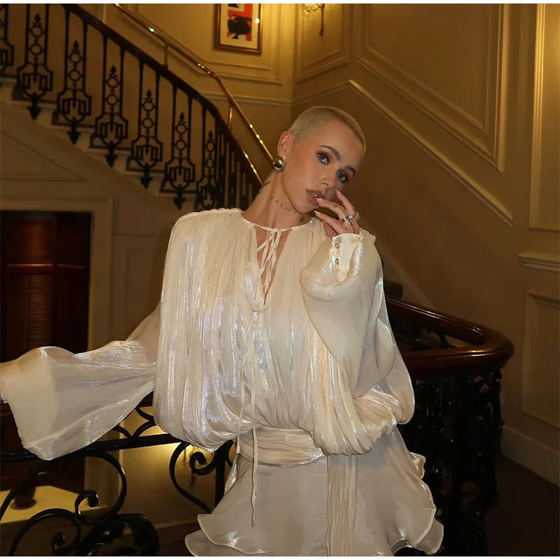 Elegant Woman's Chiffon Halter Mini Dresses 2025 Spring Summer Sexy Backless Wrapped Waist Lace Up Dress New Lady Party Vestidos