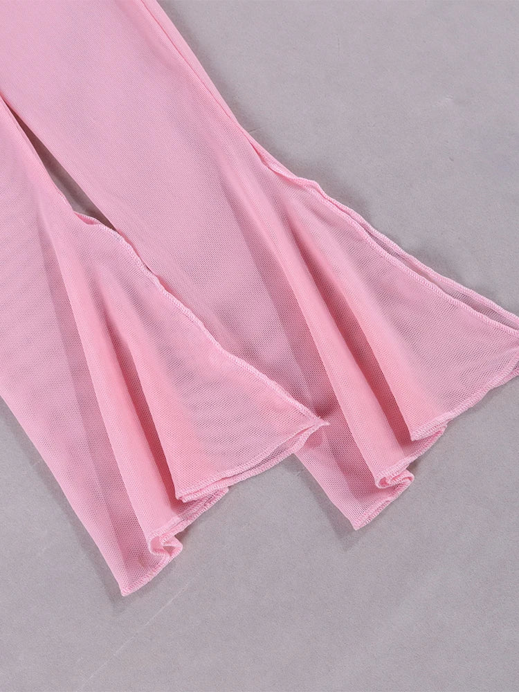 NewAsia Halter Flounce Sleeves Mesh Pink Dress Women Sexy Solid Backless Bandage Mini Vestido Summer Vacation Party Club