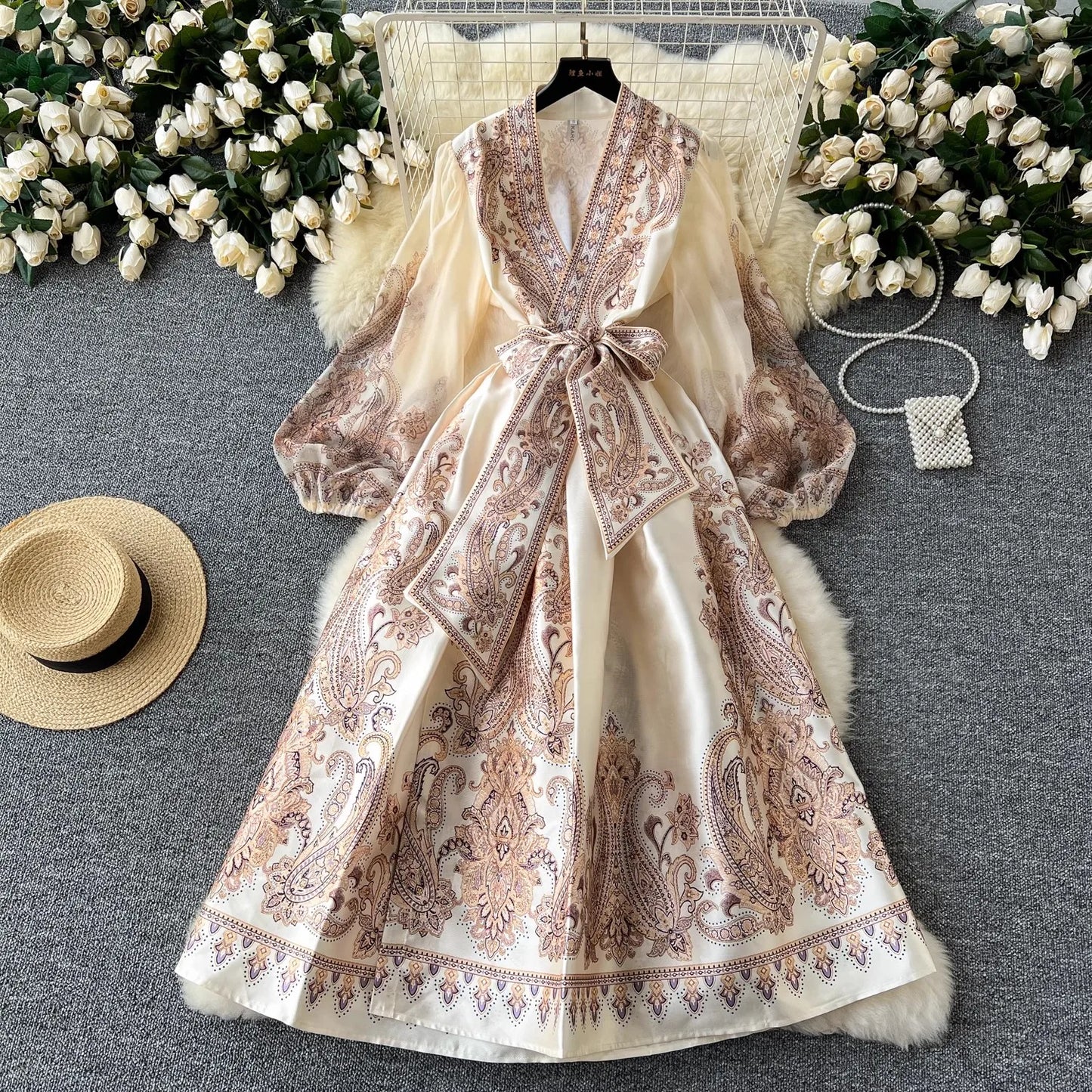Paisley Print Bandage Lace Up Wrap Dress Women Cross V Neck Lantern Sleeve Chiffon Patchwork Thick Satin Long Party Vestidos