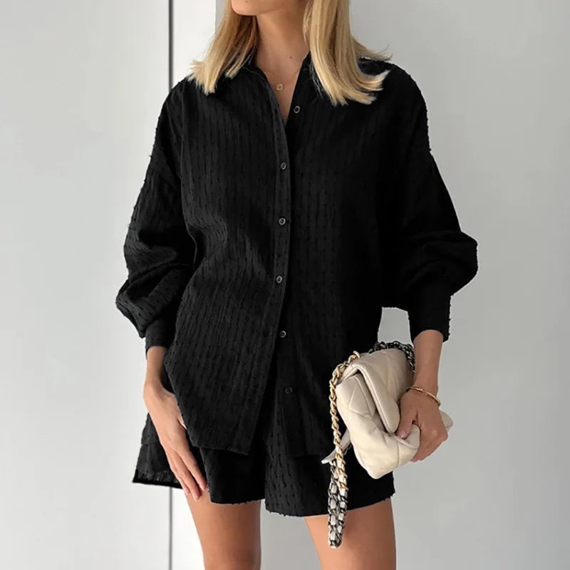 Women's Two Piece Set Outfits Summer Fashion Loose Shorts Long Sleeved Elegant Shirt 2 Piece Sets Suit For Women Streetwear 2025
