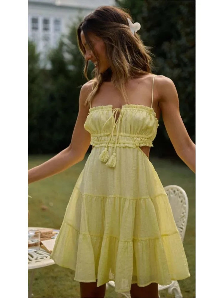 Lady Spaghetti Strap Dress Sexy V Neck Pullover Sleeveless Mini Dresses Women's Holiday Beach Party Elegant Dresses Women Summer