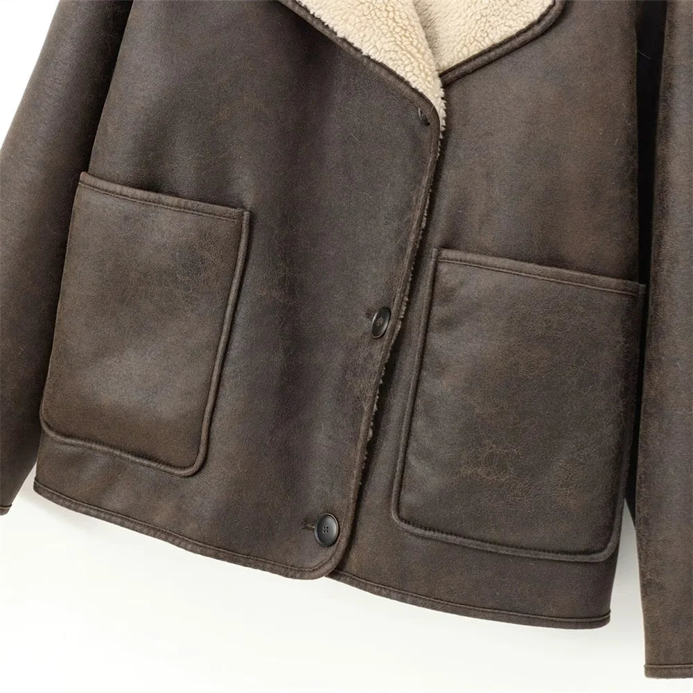 UNIZERA Pocket Decor Single breasted Warm Coat Autumn/Winter Fleece Collar Long Sleeve Women's Jacket Coat