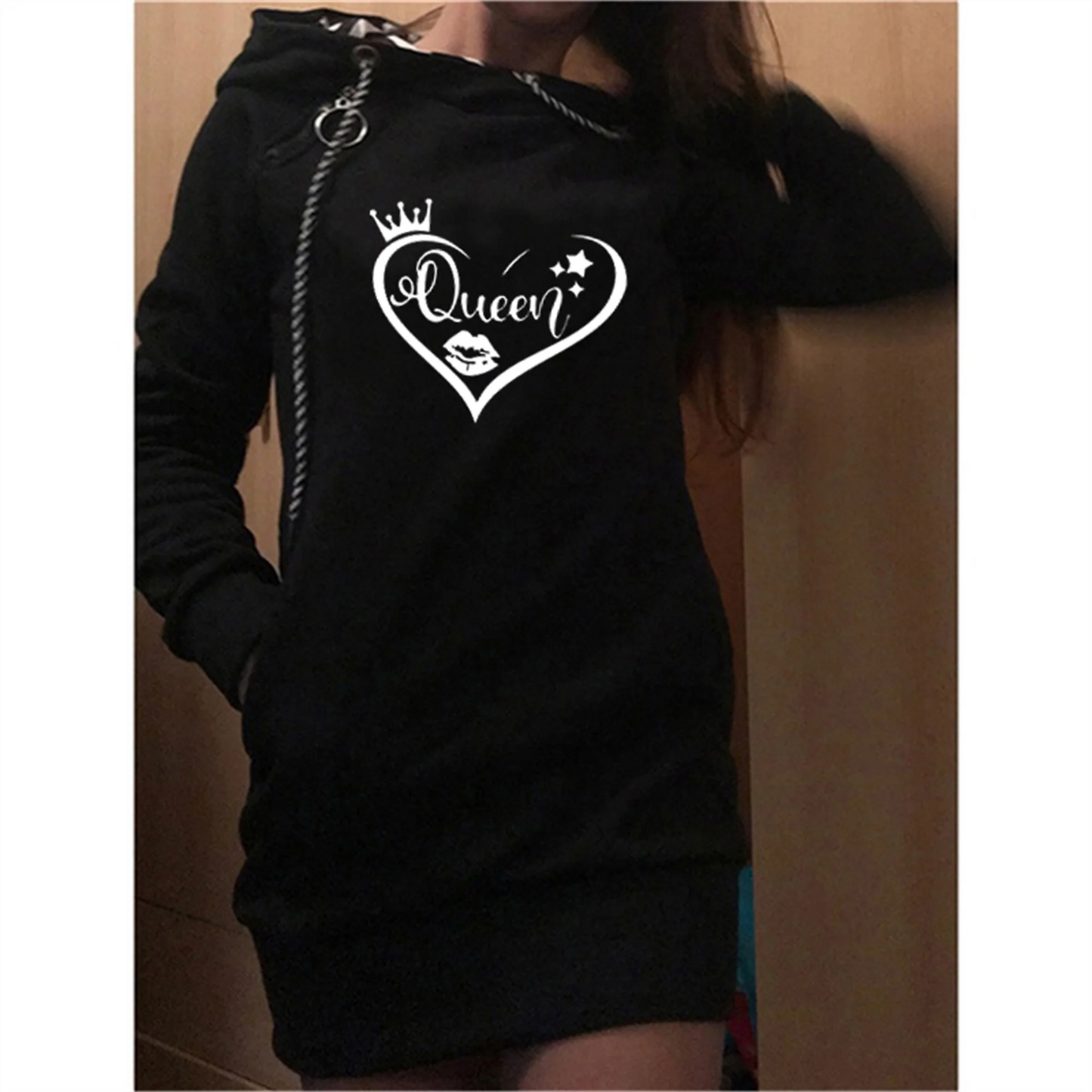 Women's Fashion Queen Printed Sweater Dresses Fall and Winter Long Sleeve Hoodie Dress Solid Color Slim Pullover Sweater Dresses