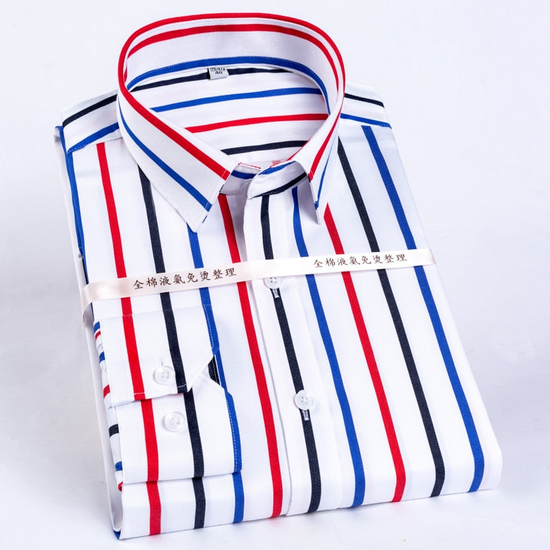 Men&#39;s Color Block Striped Wrinkle-Resistant Dress Shirt Long-Sleeve Standard-fit Hidden Button Collar Casual Pure Cotton Shirts