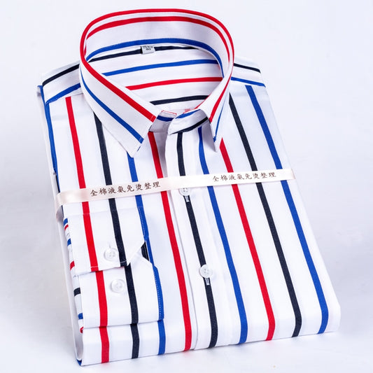 Men&#39;s Color Block Striped Wrinkle-Resistant Dress Shirt Long-Sleeve Standard-fit Hidden Button Collar Casual Pure Cotton Shirts
