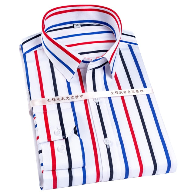 Men&#39;s Color Block Striped Wrinkle-Resistant Dress Shirt Long-Sleeve Standard-fit Hidden Button Collar Casual Pure Cotton Shirts
